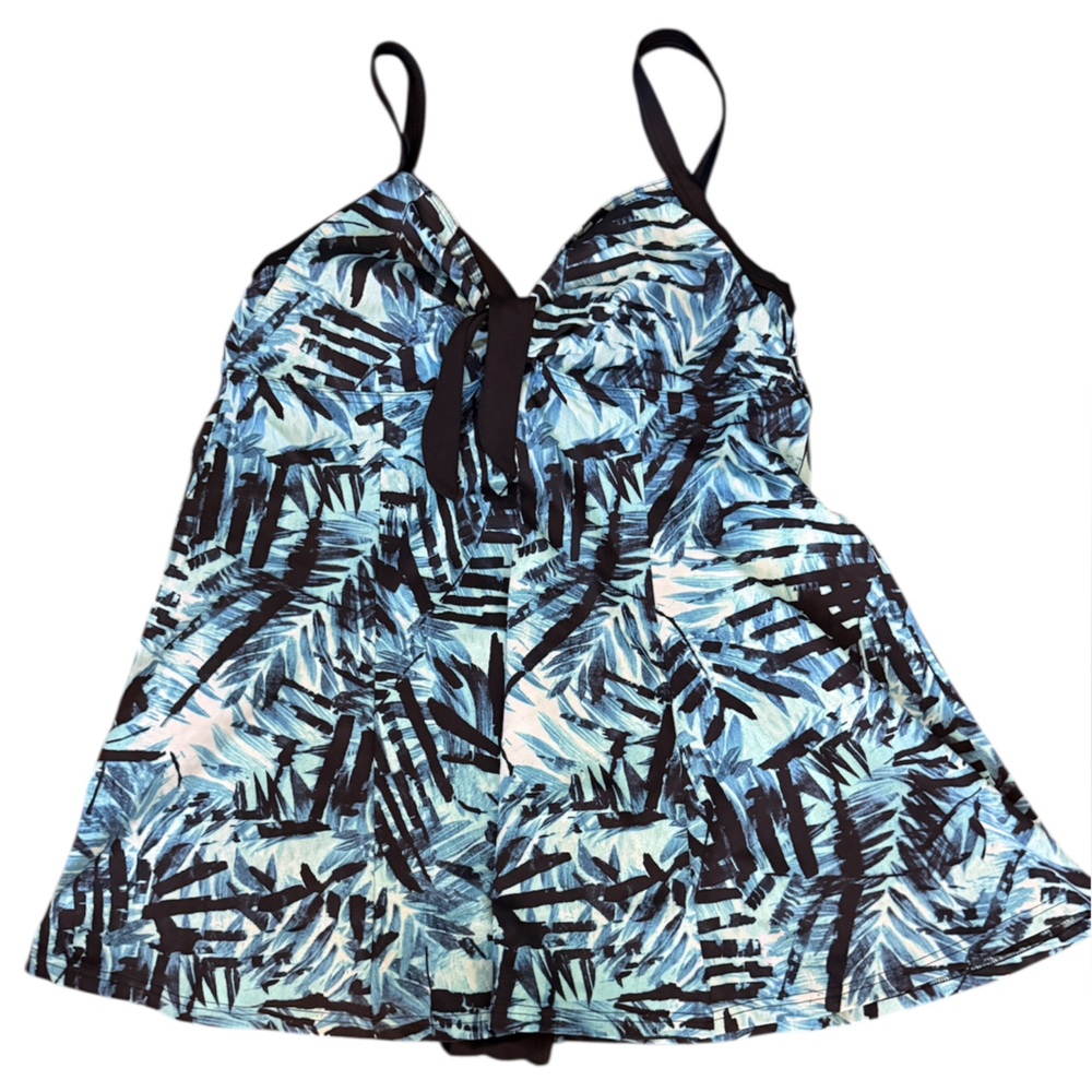Avenue Swimdress 18 Tropical Palm Print One Piece Black Blue Supportive Vacation